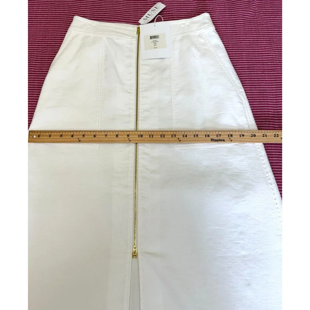 NWT Diane von Furstenberg Ivory Zip Front A-Line Midi Skirt Linen Cotton Sz 6